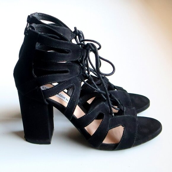Steve Madden Black Suede Open Toe Lace Up Cut Out Block Heel Bootie Shoes Size 7 - Picture 13 of 14